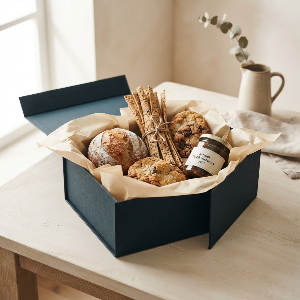 A minimal ink-and-bone gift hamper of breads, lavash and cookies on a table