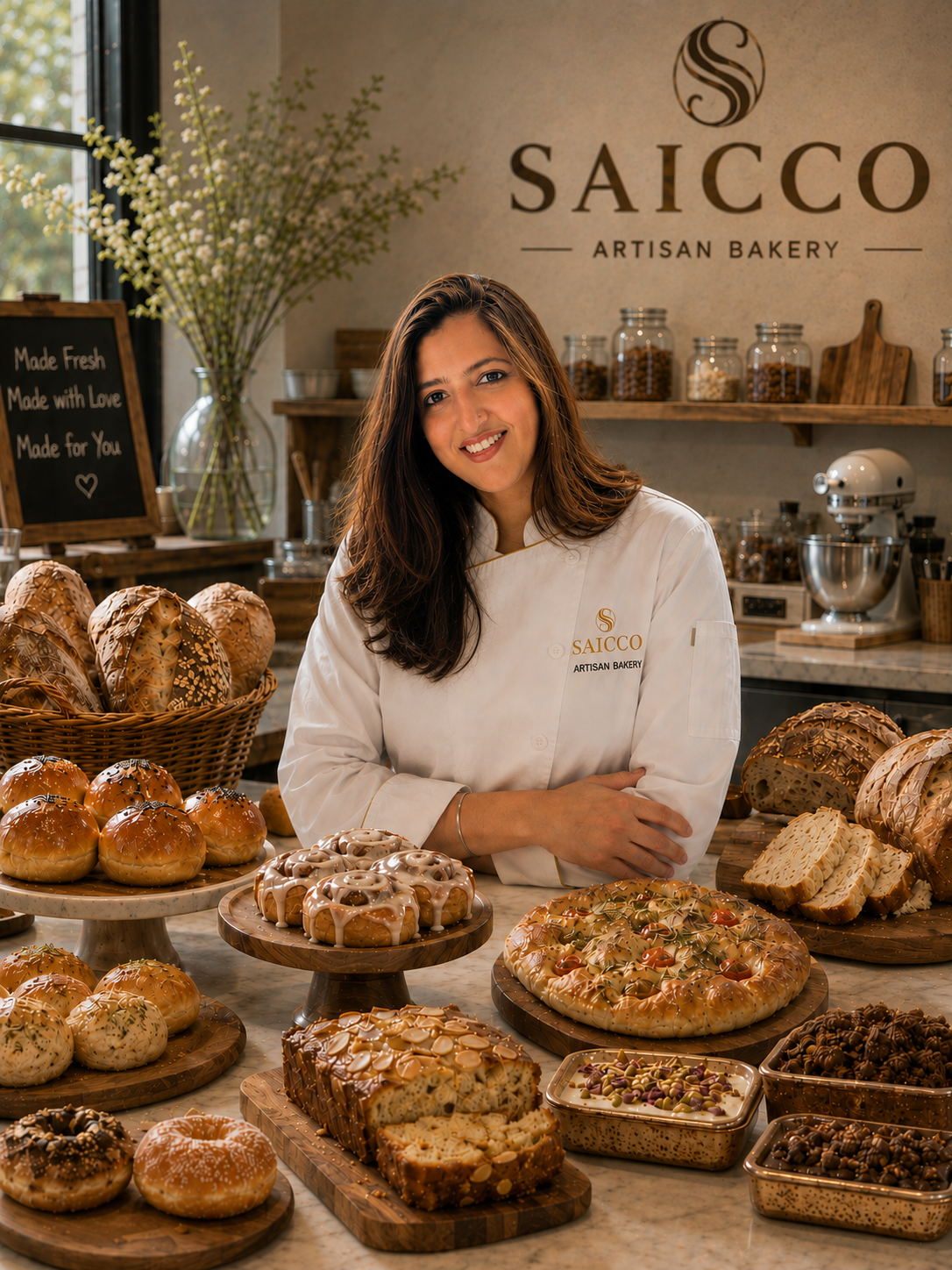 Mehak in the Saicco bakery, surrounded by fresh breads and bakes